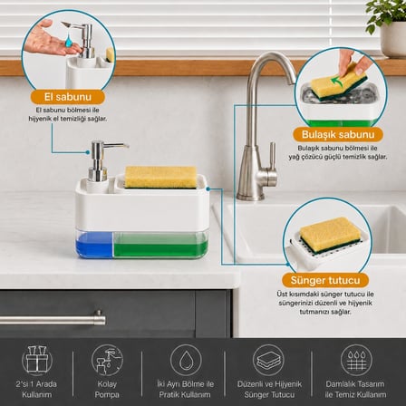 Sünger Hazneli Basmalı İkisi Bir Arada Otomatik Tezgah Üstü El ve Bulaşık Yıkama Düzenleyici Organizer Banyo ve Mutfak İçin Duo Sıvı Sabunluk (Beyaz)