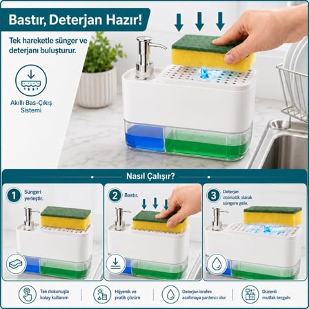Sünger Hazneli Basmalı İkisi Bir Arada Otomatik Tezgah Üstü El ve Bulaşık Yıkama Düzenleyici Organizer Banyo ve Mutfak İçin Duo Sıvı Sabunluk (Beyaz)