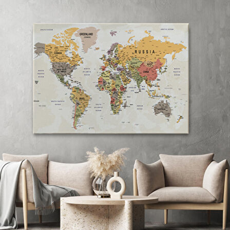 Harita Sepeti Dünya Haritası Son Derece Ayrıntılı Eğitici Okyanuslu Dekoratif Kanvas Tablo 2525