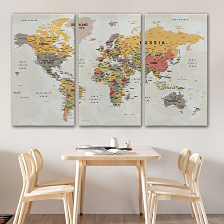 Harita Sepeti Dünya Haritası Son Derece Ayrıntılı Eğitici Okyanuslu Dekoratif Kanvas Tablo 2525