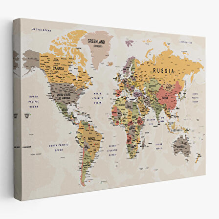 Harita Sepeti Dünya Haritası Son Derece Ayrıntılı Eğitici Okyanuslu Dekoratif Kanvas Tablo 2525