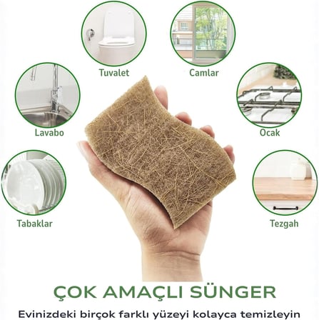 Bitki Bazlı Doğal Bulaşık Süngeri 6’lı Paket, Ekstra Dayanıklı, Koku tutmaz, Çizmeden Temizler, Hindistan Cevizi Lifi ve Selüloz