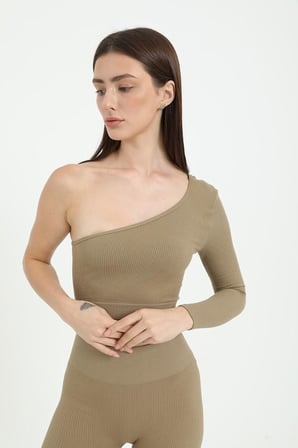 FOREVER MORE Tek Omuz Crop Top vizon-M