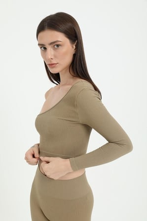 FOREVER MORE Tek Omuz Crop Top vizon-M