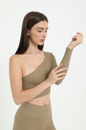 FOREVER MORE Tek Omuz Crop Top vizon-M
