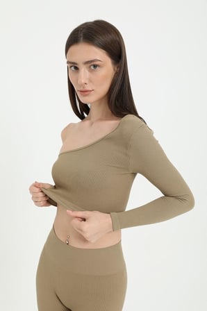 FOREVER MORE Tek Omuz Crop Top vizon-M
