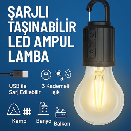 Şarjlı Taşınabilir LED Ampul Lamba – USB ile Şarj Edilebilir, 3 Kademeli Işık, Asma Kancalı &amp; Kamp, Bahçe, Dolap, Balkon, Banyo İçin Acil Aydınlatma (3200K)