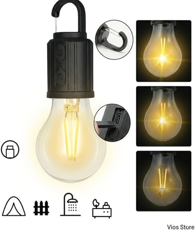 Şarjlı Taşınabilir LED Ampul Lamba – USB ile Şarj Edilebilir, 3 Kademeli Işık, Asma Kancalı &amp; Kamp, Bahçe, Dolap, Balkon, Banyo İçin Acil Aydınlatma (3200K)