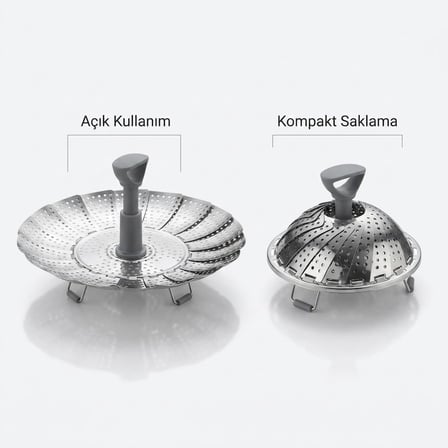 Deconox Paslanmaz Çelik Katlanabilir Haslama Sepeti, Ayaklı Buharda Pişirme Aparatı, Sebze Haşlama Süzgeci, Pratik Tutma Saplı, Küçük Boy