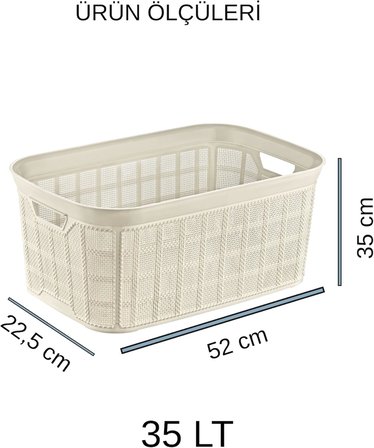 35 LT Hasır Desenli Plastik Çamaşır Selesi - Ergonomik Tutma Saplı Kirli Sepeti, Hava Alabilen Delikli Tasarım, Banyo ve Çamaşır Odası Düzenleyici, Krem