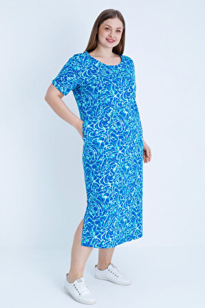 Desenli Kısa Kollu Yırtmaçlı Büyük Beden Pamuklu Elbise