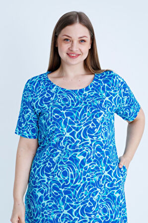 Desenli Kısa Kollu Yırtmaçlı Büyük Beden Pamuklu Elbise