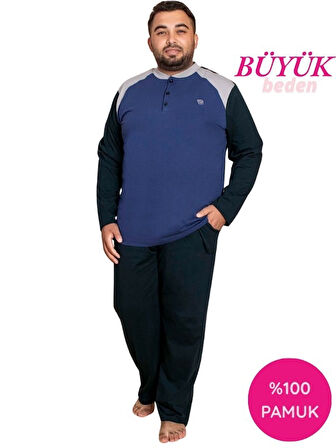 Erkek Büyük Battal Beden Desenli 3 Düğmeli %100 Pamuk Mevsimlik Uzun Kol Cepli Pijama Takımı