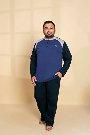 Erkek Büyük Battal Beden Desenli 3 Düğmeli %100 Pamuk Mevsimlik Uzun Kol Cepli Pijama Takımı