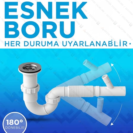 S Tipi Körüklü Lavabo Sifonu, Beyaz, Plastik, Çamaşır Makinesi Bağlantılı, 180° Dönebilir, Çift Contalı, Su Geçirmez, 4x3.5 cm