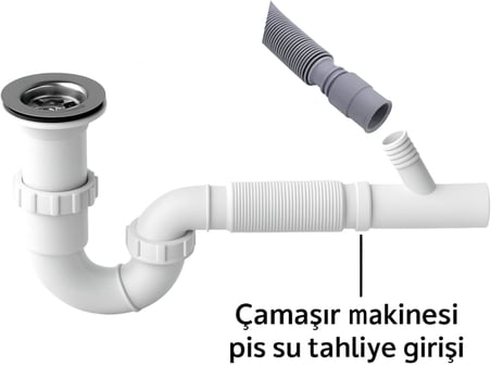 S Tipi Körüklü Lavabo Sifonu, Beyaz, Plastik, Çamaşır Makinesi Bağlantılı, 180° Dönebilir, Çift Contalı, Su Geçirmez, 4x3.5 cm