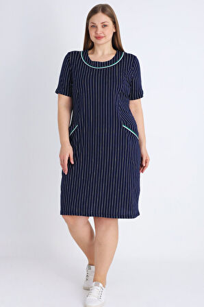 Kadın Lacivert Kısa Kollu Biyel Büyük Beden Pamuklu Elbise