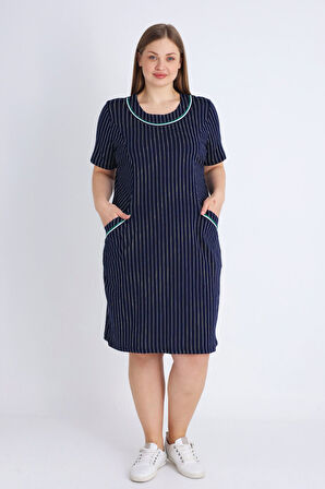 Kadın Lacivert Kısa Kollu Biyel Büyük Beden Pamuklu Elbise