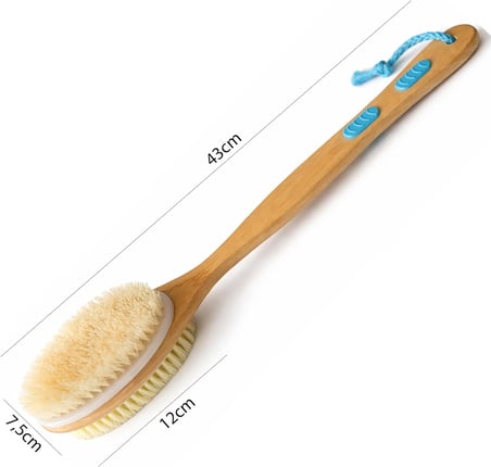Sırt ve Vücut Temizleme Fırçası - 2 Taraflı Sert &amp; Yumuşak Lifli, Bambu Uzun Saplı (43cm), Ölü Deri ve Gözenek Temizleyici, Pürüzsüz ve Canlı Cilt İçin İdeal