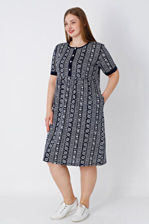 Lacivert Kısa Kollu Cepli Düğmeli Desenli Kadın Büyük Beden Elbise