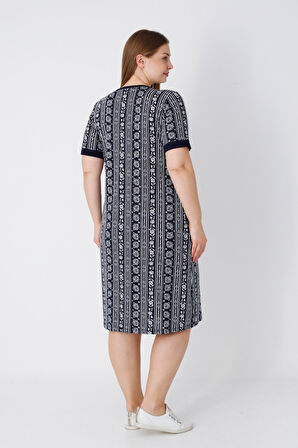 Lacivert Kısa Kollu Cepli Düğmeli Desenli Kadın Büyük Beden Elbise