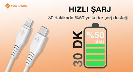 Novoo Type-C iPhone Lightning Hızlı Şarj Kablosu Beyaz 1.8 Metre
