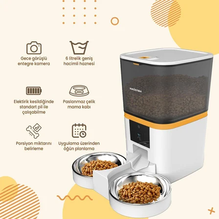 QQ005-Dual Gece Görüşlü 480P Kameralı, Akıllı Otomatik Kedi Mama Kabı, App Uzaktan Kontrol, Sesle Çağırma, 6lt Hazne, Çift Metal Kase (Beyaz)