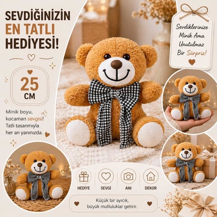 Pelüş Piti Kareli Pelüş Ayı,Siyah Beyaz Fiyonklu Ayıcık,Sevimli Fiyonklu Ayıck,Papyonlu Ayıcık,Doldurulabilir Oyuncak,Ofis Hediyesi (Kahve)