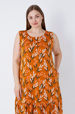 Kadın Askılı Desenli Cepli Düğmeli Büyük Beden Pamuklu Elbise