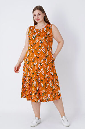 Kadın Askılı Desenli Cepli Düğmeli Büyük Beden Pamuklu Elbise