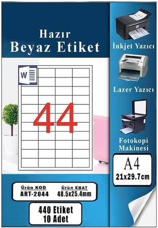 A4 Hazır Etiket 48.5x25.4 mm 10 Sayfa 1 Paket 44 lü Kendinden Yapışkanlı Fotokopi Lazer İnkjet Kağıdı Yazıcılar İçin Uyumlu