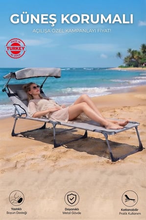 ecm proger Gölgelikli Katlanabilir Şezlong, Havuz, Bahçe ve Teras için, Yastıklı, Alüminyum, Gri, Modern Stil
