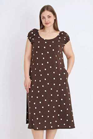 Kahverengi Puantiyeli Askılı Pamuklu Cepli Kadın Büyük Beden Elbise