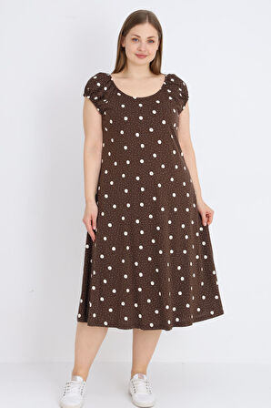 Kahverengi Puantiyeli Askılı Pamuklu Cepli Kadın Büyük Beden Elbise