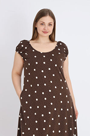 Kahverengi Puantiyeli Askılı Pamuklu Cepli Kadın Büyük Beden Elbise