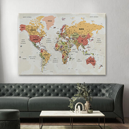 Harita Sepeti Türkçe Dünya Haritası Ayrıntılı Eğitici-Öğretici Okyanuslu Dekoratif Kanvas Tablo 2530