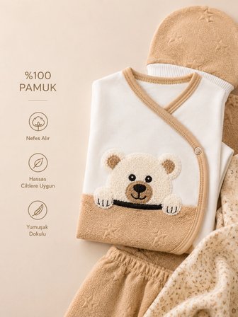 Lilliy Ayıcık Desenli 5 Parça Hastane Çıkışı Seti %100 Pamuk Kahve 0-6 Ay