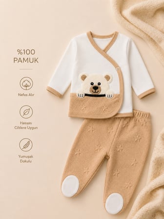 Lilliy Ayıcık Desenli 5 Parça Hastane Çıkışı Seti %100 Pamuk Kahve 0-6 Ay