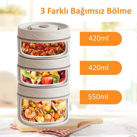 3 Gözlü Paslanmaz Çelik Isı Yalıtımlı Yemek Kabı Seti Çantalı 304 Steel 2 x 420ml + 550ml