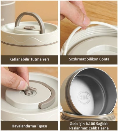 3 Gözlü Paslanmaz Çelik Isı Yalıtımlı Yemek Kabı Seti Çantalı 304 Steel 2 x 420ml + 550ml
