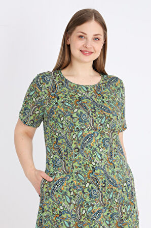 Büyük Beden Desenli Kısa Kollu Bisiklet Yaka Pamuklu Elbise