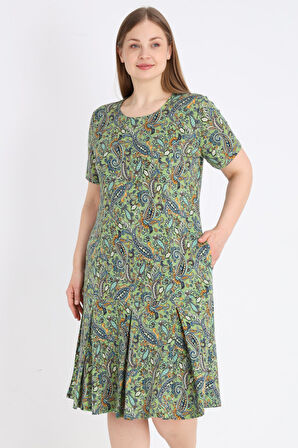 Büyük Beden Desenli Kısa Kollu Bisiklet Yaka Pamuklu Elbise