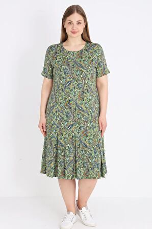 Büyük Beden Desenli Kısa Kollu Bisiklet Yaka Pamuklu Elbise