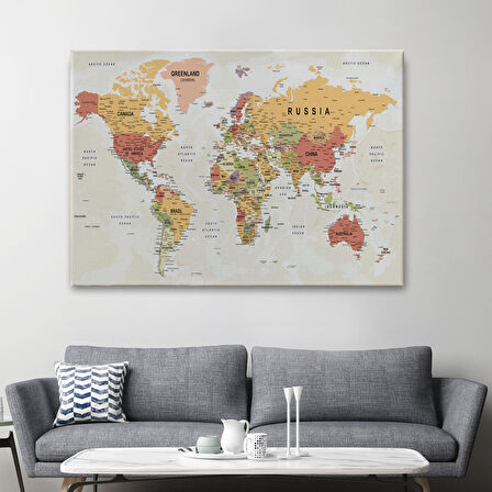 Harita Sepeti Dünya Haritası Son Derece Ayrıntılı Eğitici ve Öğretici Okyanuslu Kanvas Tablo-2531