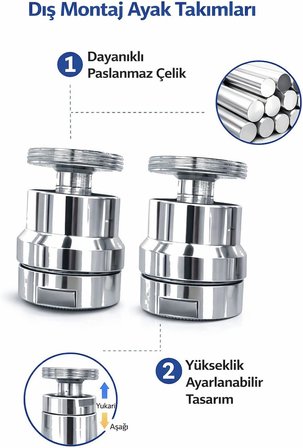 Paslanmaz Çelik Ayarlanabilir Musluk Ucu 2’li Set – İç Montaj (İç Giriş) Perlatör Başlığı, Su Tasarruflu 360° Döner Filtreli Musluk Aparatı, Mutfak ve Banyo Uyumlu