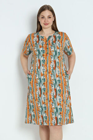 Kadın Büyük Beden Desenli Cepli Düğmeli Pamuklu Elbise