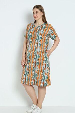 Kadın Büyük Beden Desenli Cepli Düğmeli Pamuklu Elbise