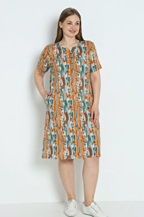 Kadın Büyük Beden Desenli Cepli Düğmeli Pamuklu Elbise