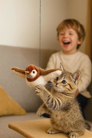 Dokunmatik Uçan Kuş Kedi Oyuncağı – Titreşimli &amp; Hareketli Peluş Kuş – Sesli &amp; Kanat Çırpma Efekti – İple Asılabilir – Gerçekçi Etkileşimli Kedi Oyuncağı
