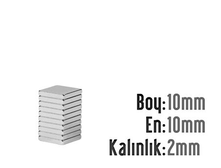 Neodyum Mıknatıs Köşeli  10x10mm , Kalıklık 2 mm (10 Adet)